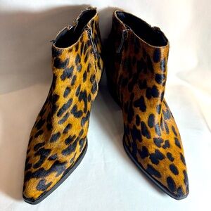 SAM EDELMAN Sz 6 Ponyhair Leather Leopard Print Ankle Boots Stacked Heel Booties